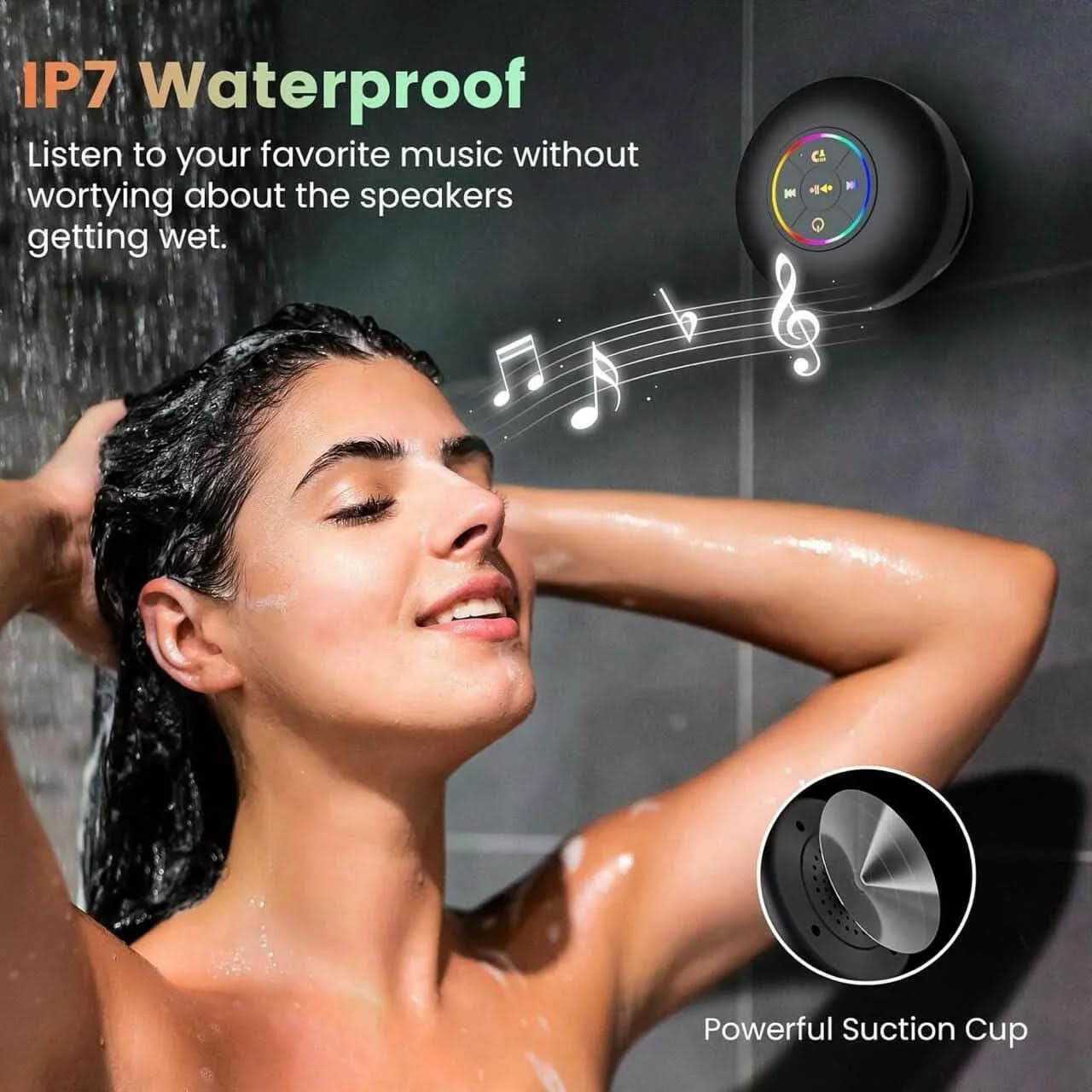 Waterproof Suction Bluetooth Shower Speaker with RGB LED Light & Mic – IPX4 Portable Wireless Speaker - Buyna